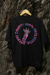 Black unisex graphic t-shirt featuring a vibrant pink giraffe with sunglasses and bubble gum, surrounded by the bold, rainbow-gradient text “THIS DRIP?? 100% INCLUSIVE.” Designed by ANTI to celebrate LGBTQIA+ pride, gender expression, and unapologetic self-love through fashion.