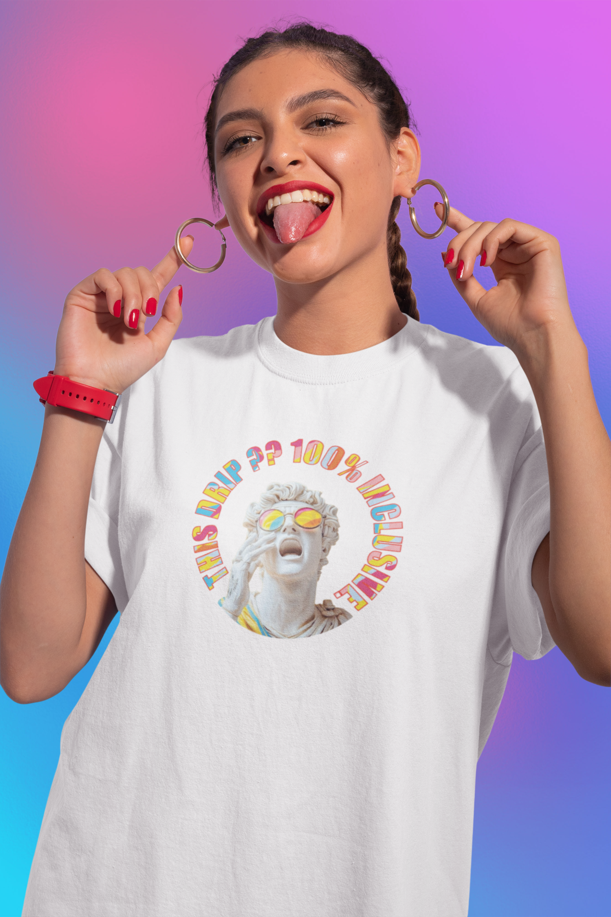 Person wearing a white unisex t-shirt featuring a playful Greco-Roman statue with rainbow-tinted sunglasses and the phrase “This Drip?? 100% Inclusive” in colorful text, celebrating queer-inclusive fashion and gender expression.

