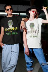 Black and white oversized tees with bold print side by side; unisex queer fashion, gender-fluid streetwear pack.

