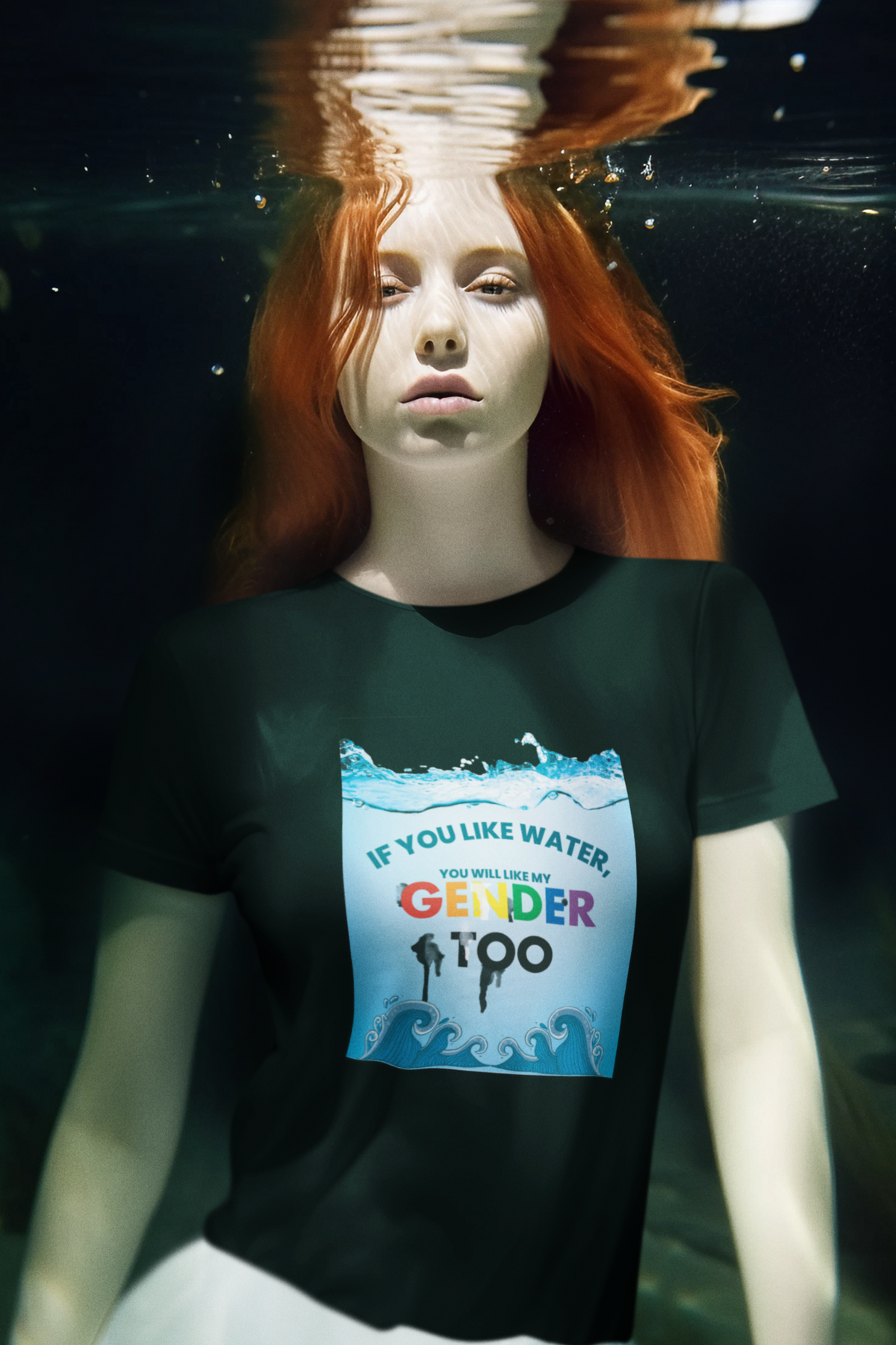 Black unisex t-shirt laid flat with bold white text reading "If you like water, you will like my gender too," representing gender-fluid identity; part of ANTI’s inclusive fashion line.