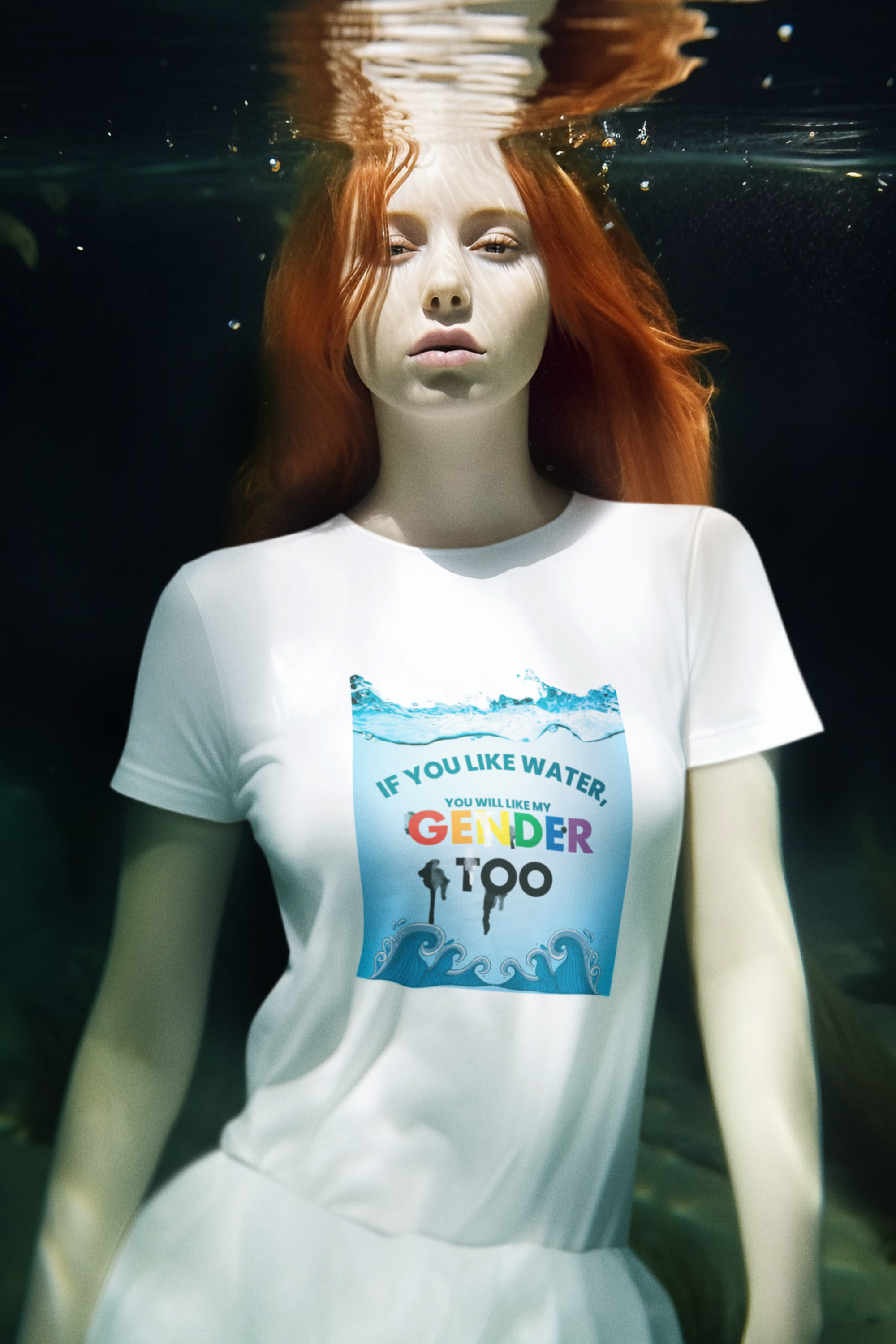 White unisex t-shirt with strong black text that says "If you like water, you will like my gender too," promoting LGBTQIA+ pride and non-binary visibility; signature from ANTI’s fluid fashion collection.
