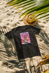 Relaxed-fit black beach t-shirt featuring white "I’M IN TRANS" text, modeled outdoors by a trans person; lightweight gender-neutral pridewear by LGBTQIA+ fashion brand ANTI.