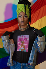 Unisex black t-shirt with bold white "I’M IN TRANS" slogan, styled on a gender-fluid model; gender-inclusive streetwear celebrating trans visibility and queer identity from ANTI.
