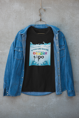 Black t-shirt under a layered outerwear look, boldly featuring the gender-inclusive message "If you like water, you will like my gender too"; from ANTI’s unapologetic streetwear for all genders.