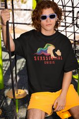 Bold and gender-fluid “Sexssential Crisis” graphic black T-shirt by ANTI, featuring high-contrast white line art of dual faces and the empowering slogan “Sexssential Crisis,” celebrating LGBTQIA+ identity and self-expression.