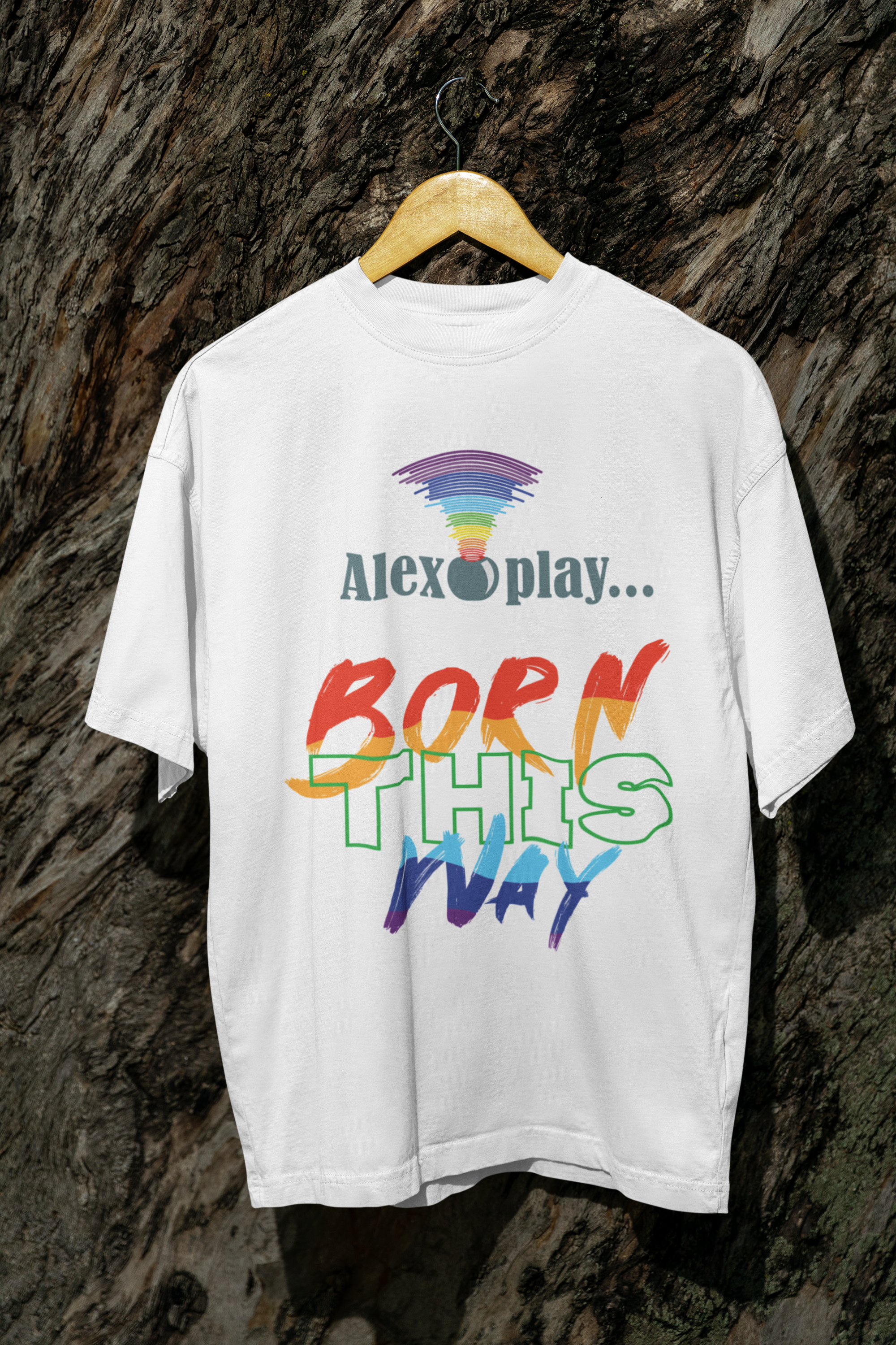 Oversized T-shirt in a minimalist White color displaying the drape and flow of the oversized "Alexa, Play Born This Way" tee. The clean, monochromatic design allows the message to take center stage.
