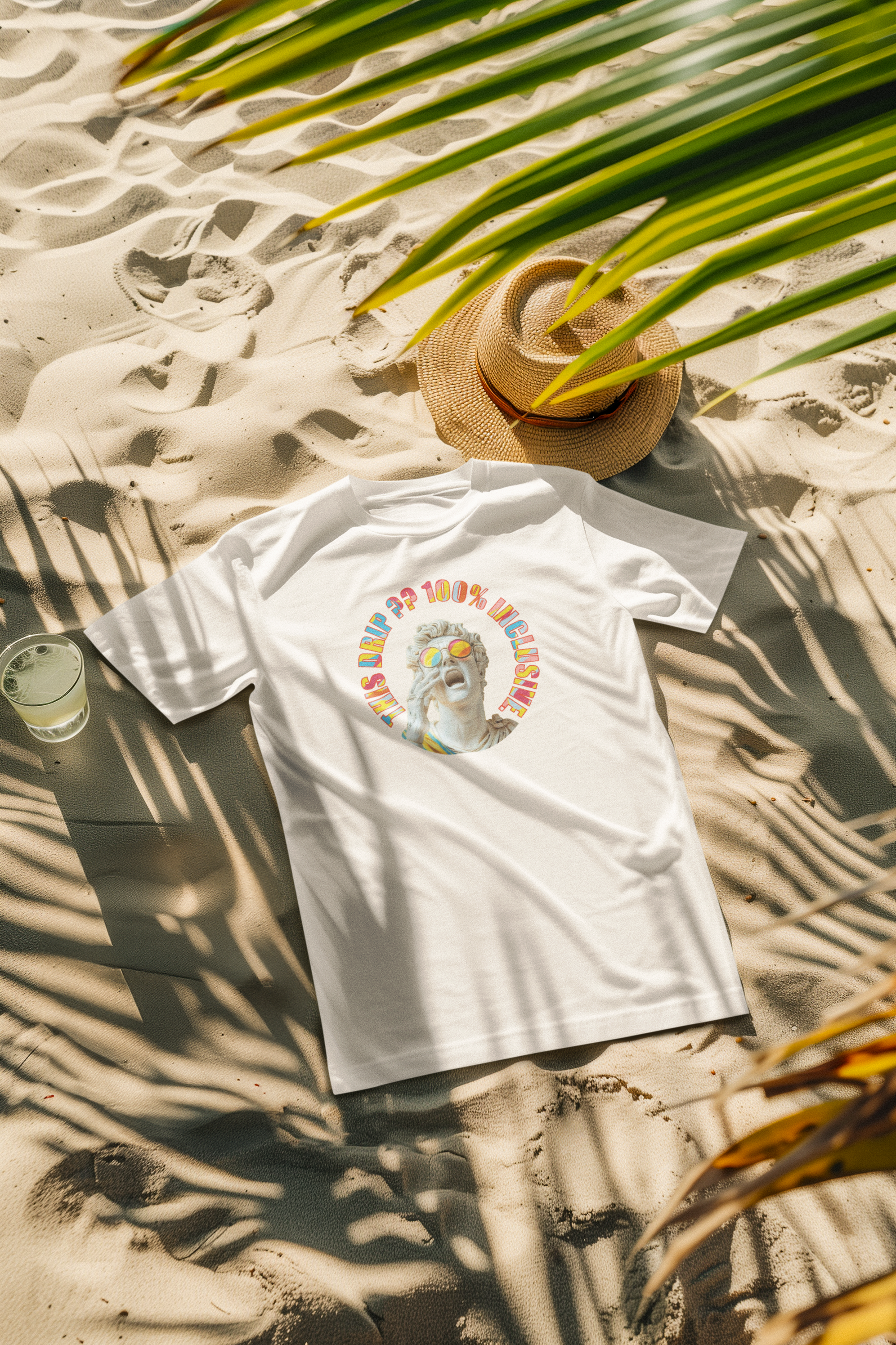 White beach t-shirt by ANTI with “This Drip Is 100% Inclusive” text and guy with glasses; inclusive summer wear.