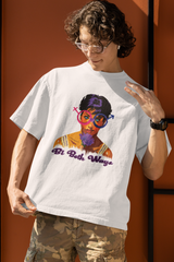 “Close-up of white ‘Bi Both Ways’ graphic tee fabric and print detail; clean, modern bisexual pride design for LGBTQ+ inclusive fashion enthusiasts.”
