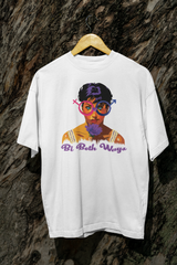White Bi Both Ways oversized t-shirt hanging on a tree branch, with bi pride graphic visible against natural outdoor background.