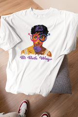 White oversized Bi Both Ways t-shirt placed on a stool, showcasing vibrant queer illustration and gender-inclusive design.

