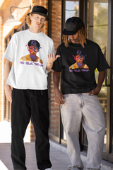 Two male-presenting models wearing Bi Both Ways oversized tees in black and white, standing outside a modern brick building. Proud, queer, and fashion-forward representation.

