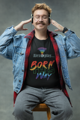 Model in black UNISEX “Born This Way” tee posing confidently with a gender-fluid, punk-inspired streetwear aesthetic.