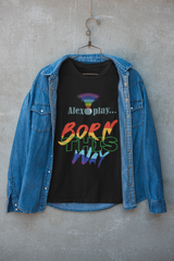 Layering black “Born This Way” unisex tee with an oversized jacket for a streetwear-ready LGBTQIA+ fashion look.