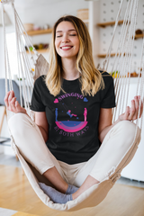 Close-up of black t-shirt showcasing bold white “SWINGING Bi BOTH WAYS” graphic; bisexuality-themed fashion supporting visibility and inclusivity for LGBTQIA+ individuals.