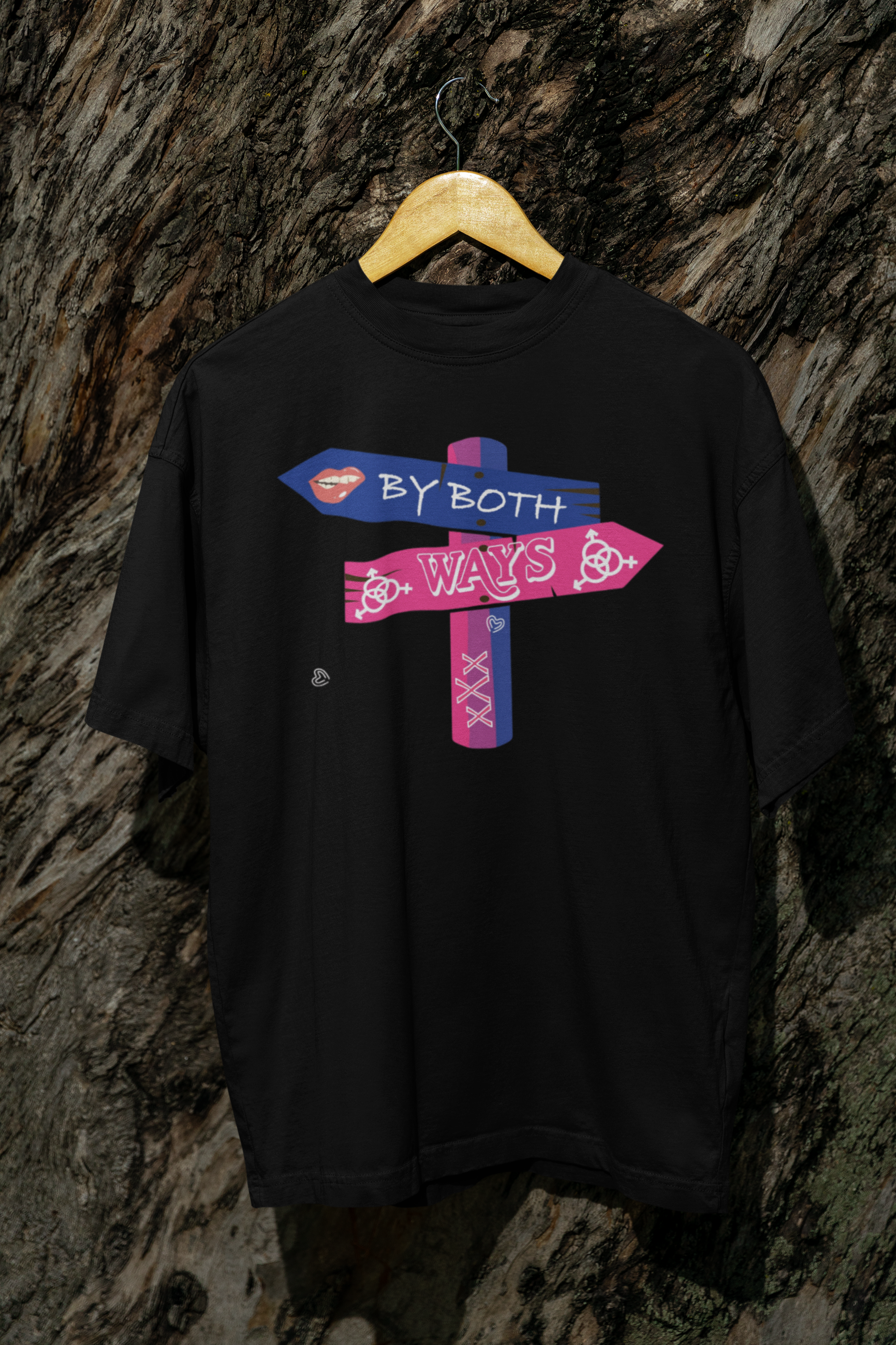 Black oversized “By Both Ways” T-shirt hanging flat with bold white slogan for LGBTQIA+ inclusive fashion statement


