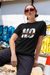 Black bold-print t-shirt worn by femme-presenting model, oversized unisex fit, message-driven inclusive fashion