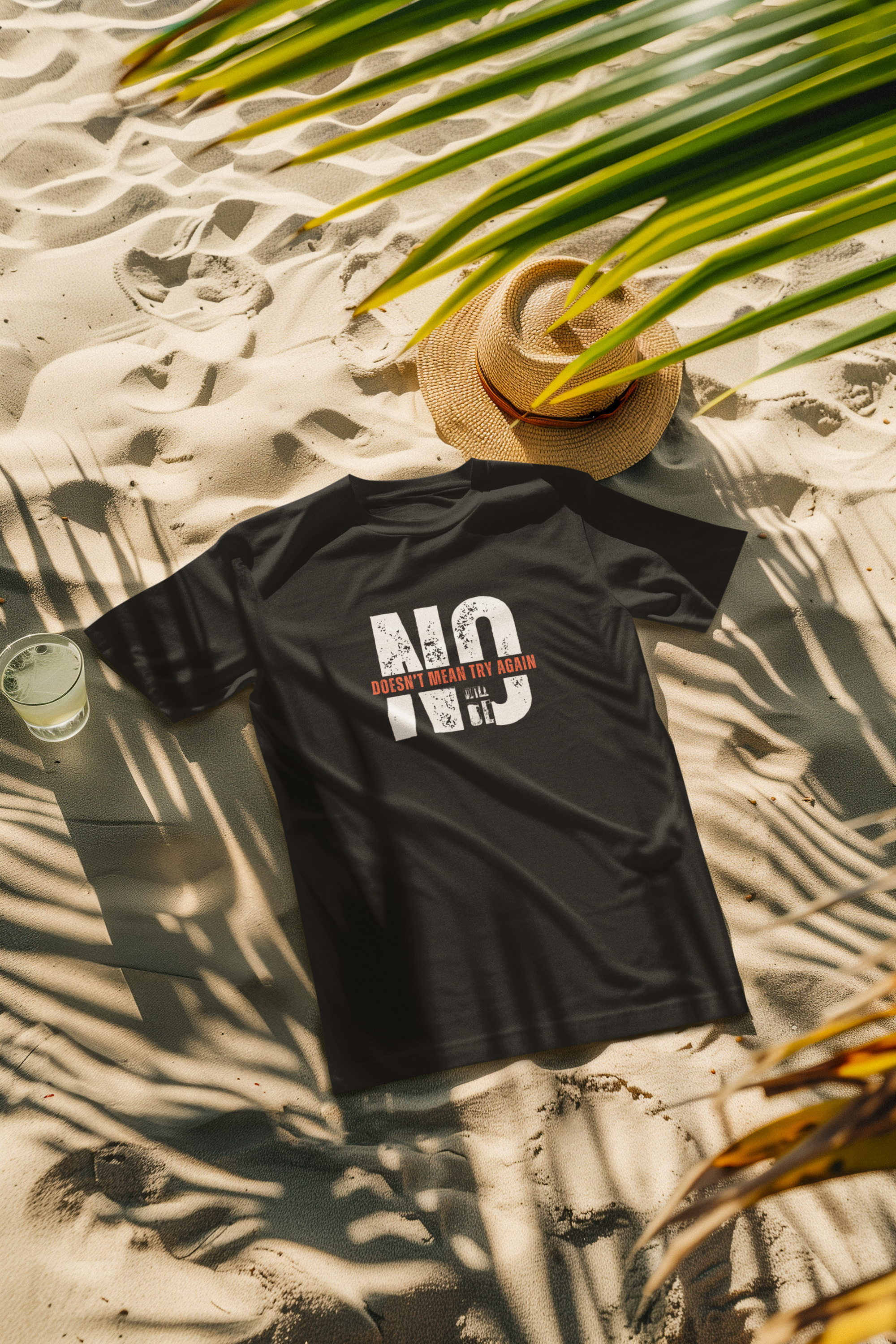 Black casual beachwear T-shirt with contrasting white "NO DOESN'T MEAN TRY AGAIN" slogan, unisex summer top ideal for resort, surf, or festival fashion.