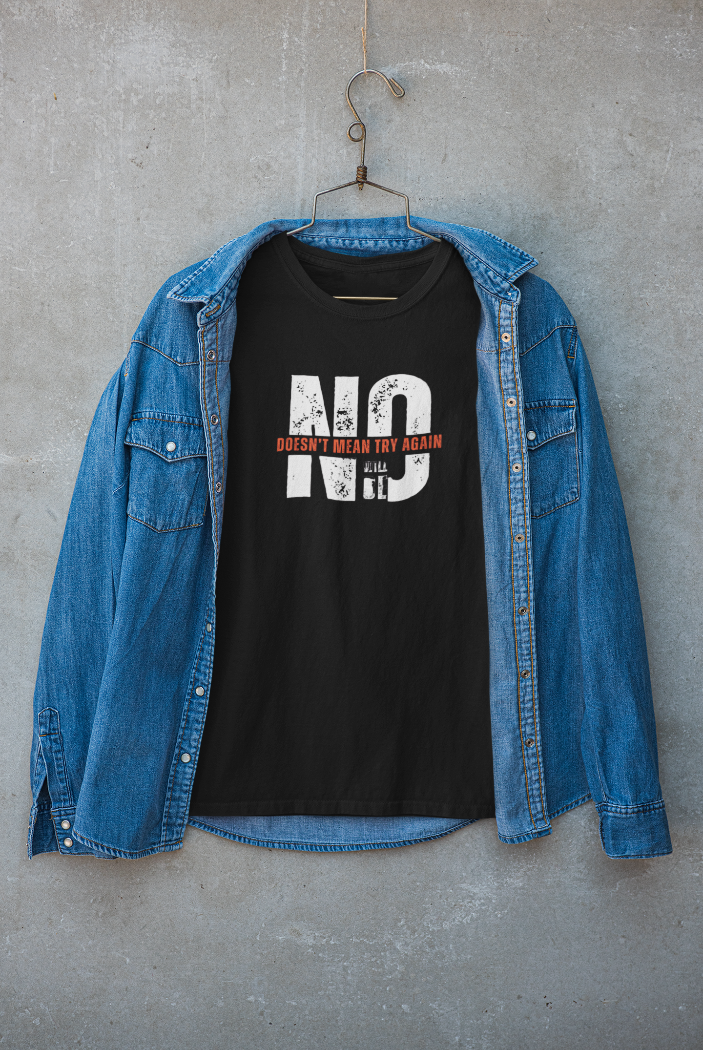 Black unisex statement jacket with bold white "NO DOESN'T MEAN TRY AGAIN" print on the back, modern casual streetwear jacket perfect for layering and bold expression.