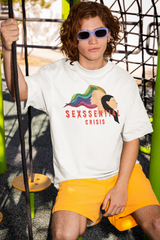 Monochrome graphic T-shirt by ANTI featuring simplified dual-face illustration and bold queer slogan “Sexssential Crisis,” crafted for non-binary, trans, and LGBTQIA+ individuals seeking bold, minimalist fashion.