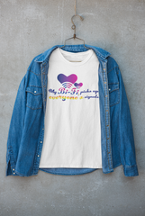 Individual wearing a white “My Bi-Fi Picks Up Everyone’s Signal” tee layered under a streetwear jacket, styled as a genderless, inclusive outfit for bold everyday pride expression.