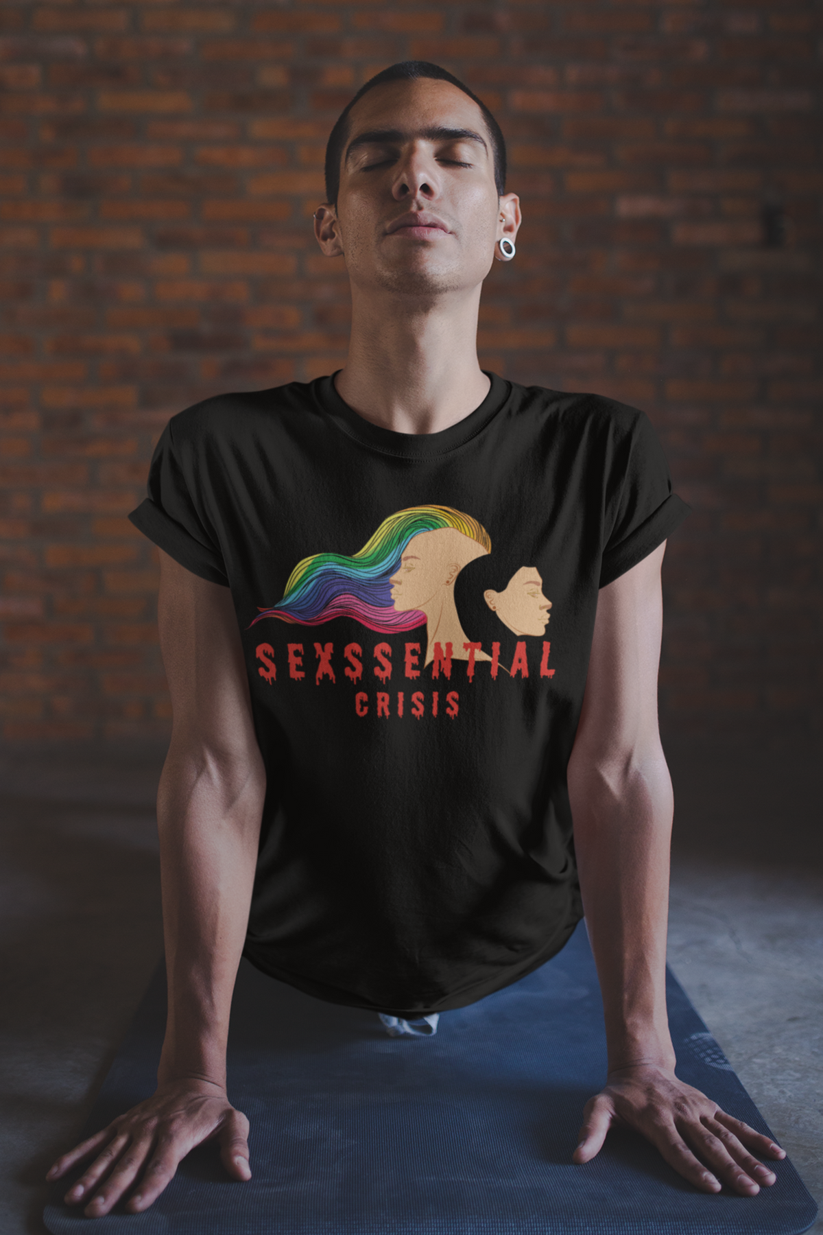 Gender-inclusive Black t-shirt styled under sunlight, expressing raw queer intimacy and duality through abstract facial art; perfect for bold personal expression and LGBTQIA+ pride.

