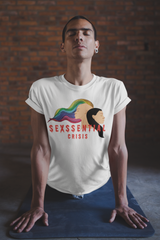 Minimalist white genderless tee from ANTI featuring dual-head queer love motif; photographed in soft lighting, celebrating emotional and aesthetic duality beyond binary norms.

