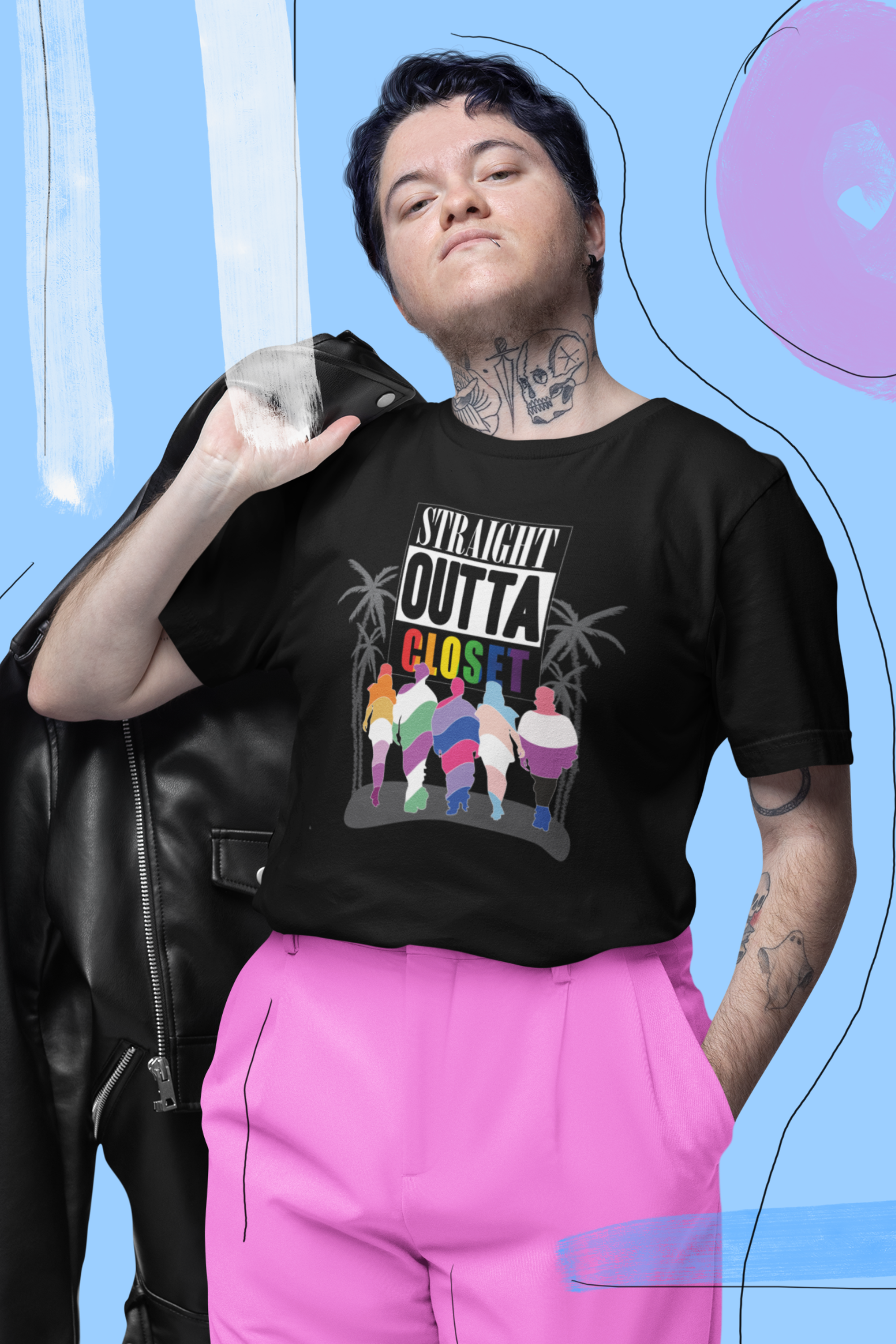 Man wearing a black “Straight Outta Closet” t-shirt, standing confidently to celebrate LGBTQ+ pride and self-expression.