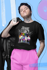 Man wearing a black “Straight Outta Closet” t-shirt, standing confidently to celebrate LGBTQ+ pride and self-expression.