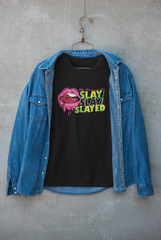 Unisex black jacket with white “SLAY, SLAYED” text on the back, modern urban streetwear design.