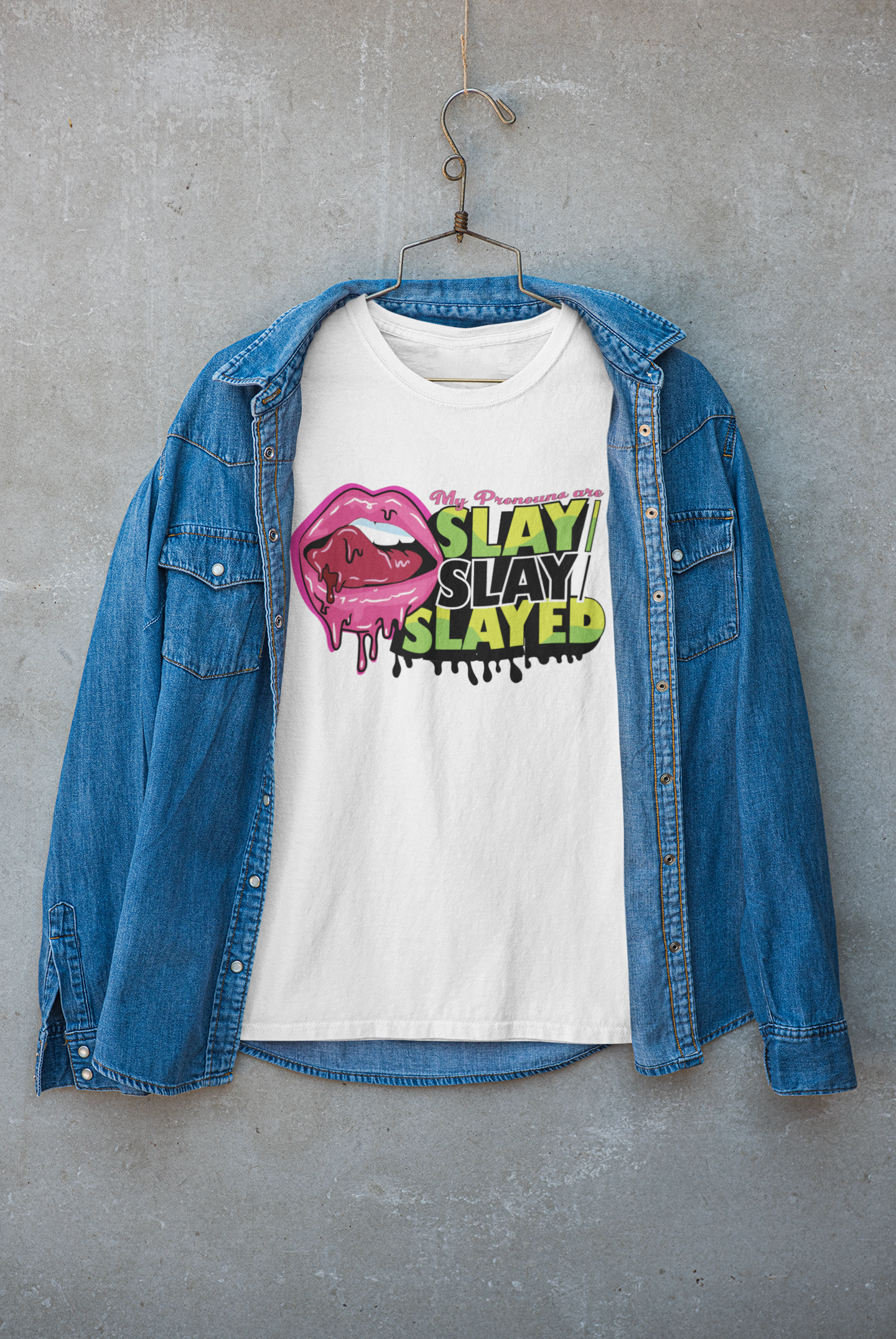 White unisex jacket with bold black “SLAY SLAY SLAYED” lettering, minimalist streetwear aesthetic.