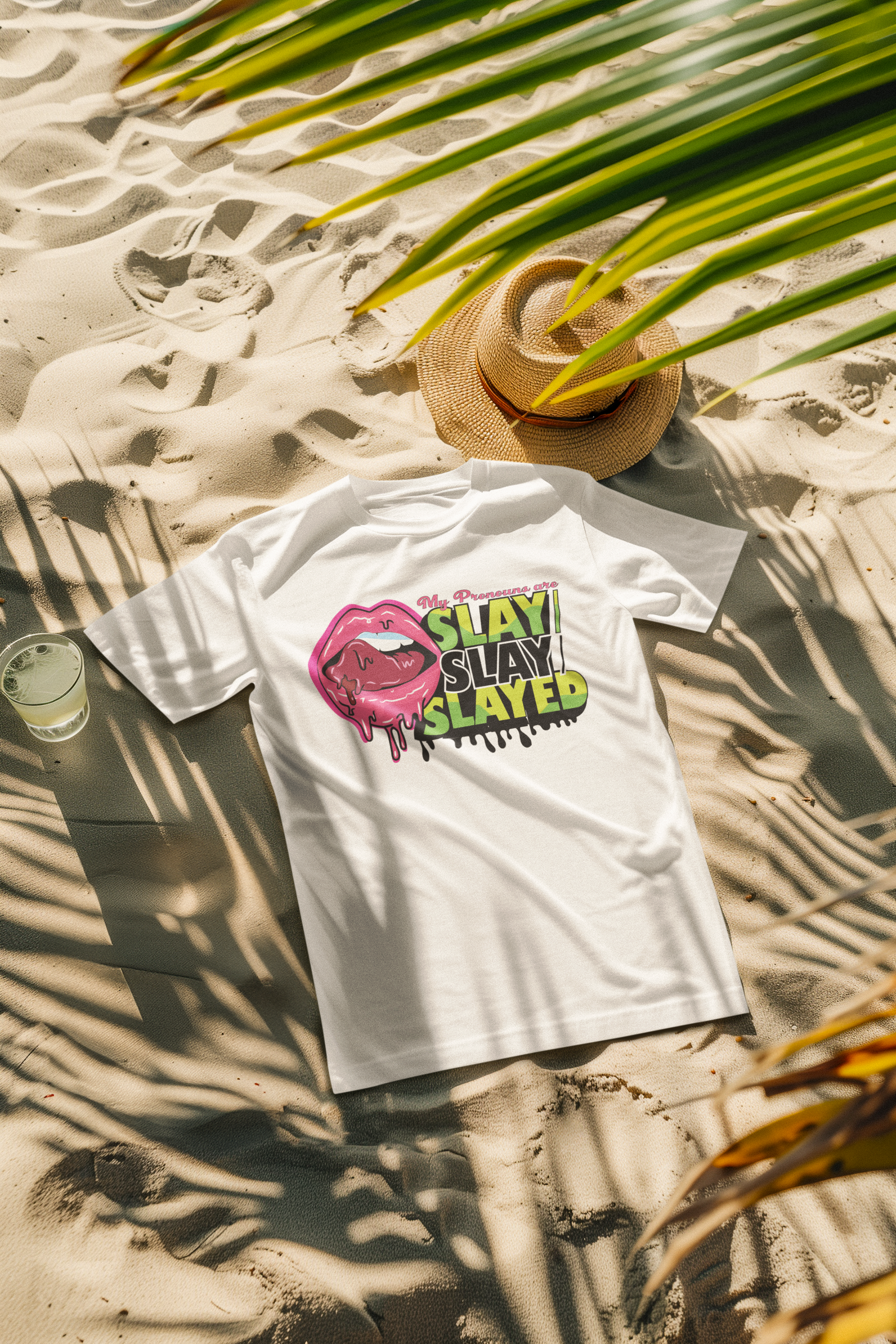 White unisex T-shirt for beachwear with black “SLAY SLAY SLAYED” graphic, clean and casual design.