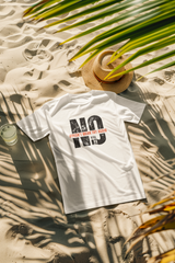 White relaxed-fit beach T-shirt with "NO DOESN'T MEAN TRY AGAIN" graphic, lightweight and breathable summer wear for men and women, empowering vacation style.