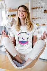 Close-up view of white t-shirt with “SWINGING Bi BOTH WAYS” text; inclusive and empowering LGBTQIA+ slogan in a clean, minimalist fashion style.