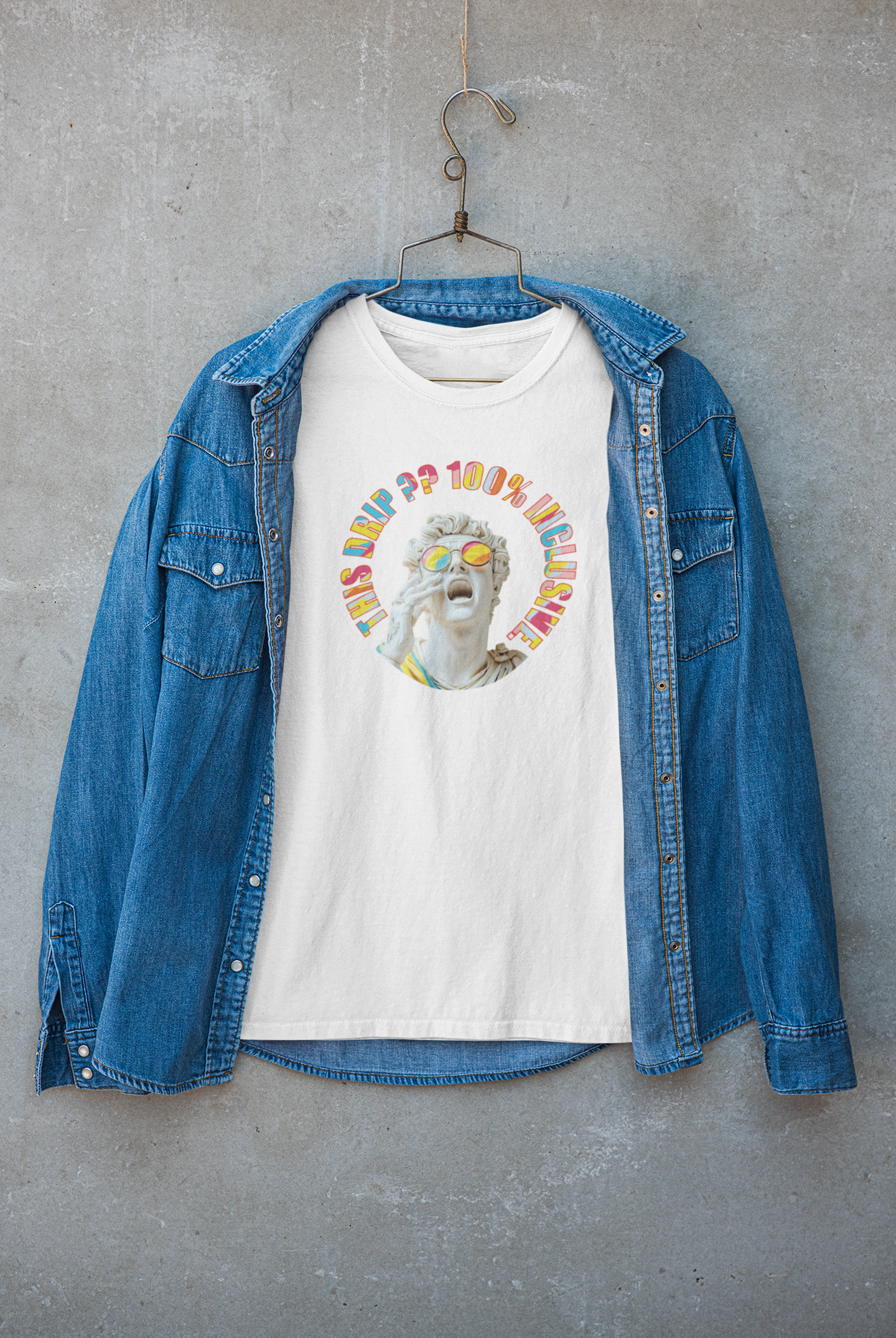 Trendy white unisex jacket featuring “This Drip Is 100% Inclusive” message and stylish artwork of a man with glasses; urban fashion wear celebrating inclusivity and diversity.