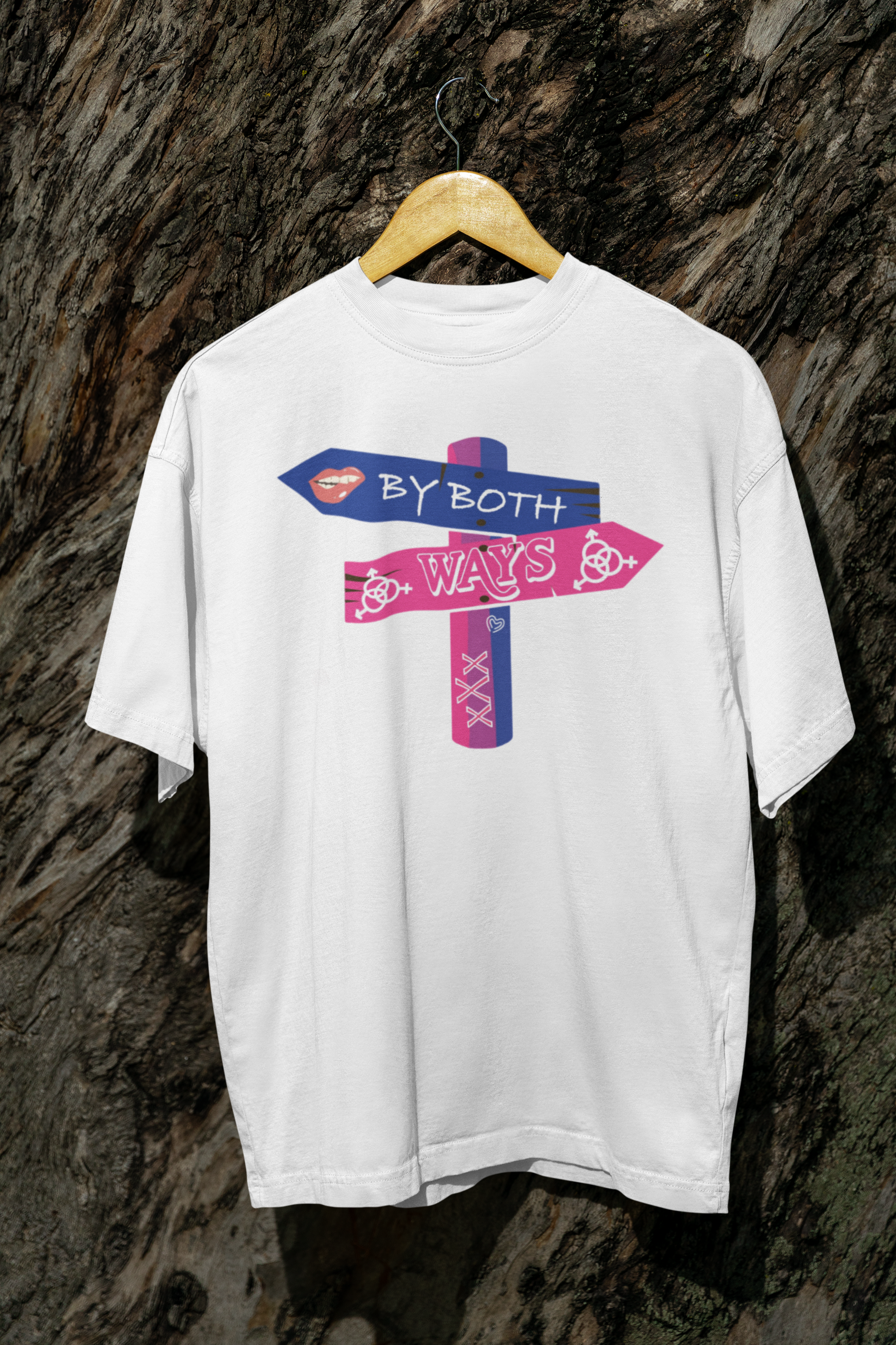 White oversized “By Both Ways” gender-inclusive T-shirt hanging flat with minimalist backdrop