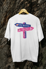 White oversized “By Both Ways” gender-inclusive T-shirt hanging flat with minimalist backdrop