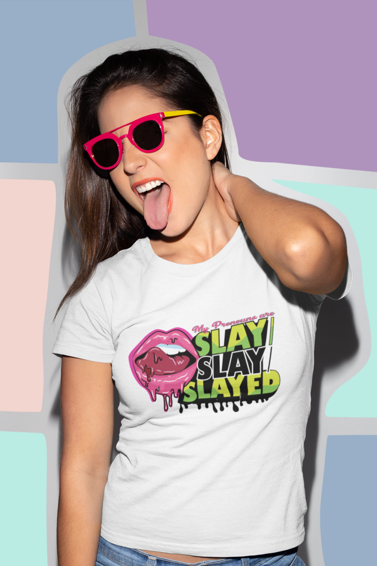 White unisex T-shirt with bold black “SLAY SLAY SLAYED” lettering, clean and modern streetwear vibe. Inclusive, Pride