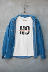 White zip-up jacket with striking "NO DOESN'T MEAN TRY AGAIN" text on the back, gender-neutral fashion outerwear with minimalist design and strong social message.