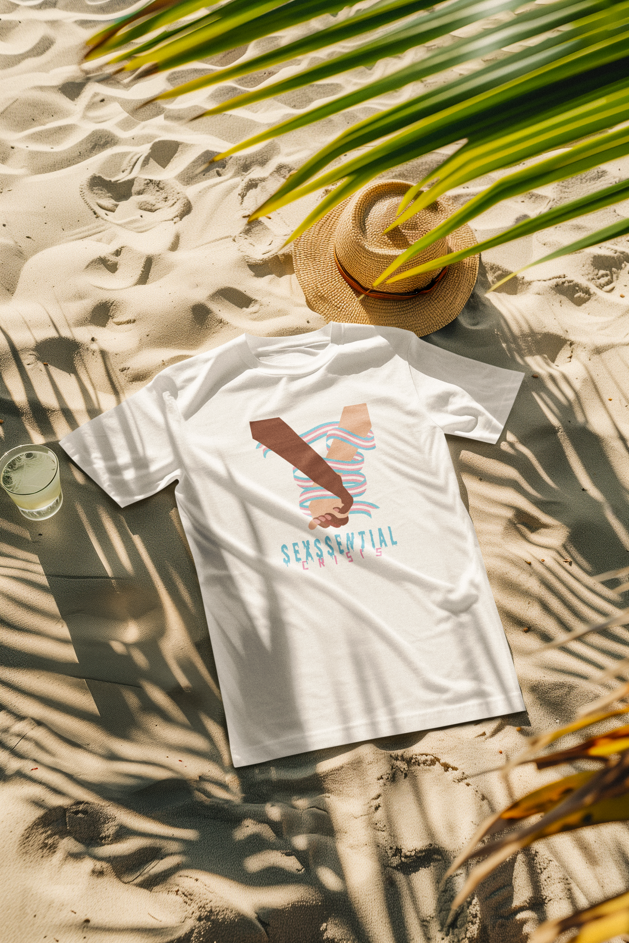“Flatlay of ANTI’s white ‘Sexssential Crisis _ 2 Hands’ graphic T-shirt. A minimalist, unisex tee with bold messaging for contemporary streetwear enthusiasts.”