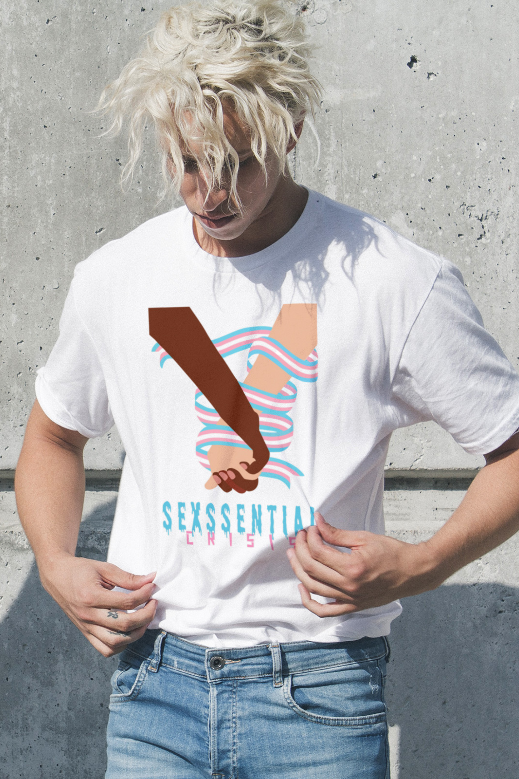 “White unisex graphic T-shirt from ANTI featuring the ‘Sexssential Crisis _ 2 Hands’ design, styled in a beachwear look. Modern minimalist streetwear with bold artwork and cultural commentary.”