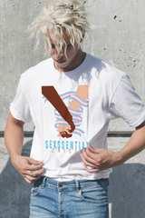 “White unisex graphic T-shirt from ANTI featuring the ‘Sexssential Crisis _ 2 Hands’ design, styled in a beachwear look. Modern minimalist streetwear with bold artwork and cultural commentary.”