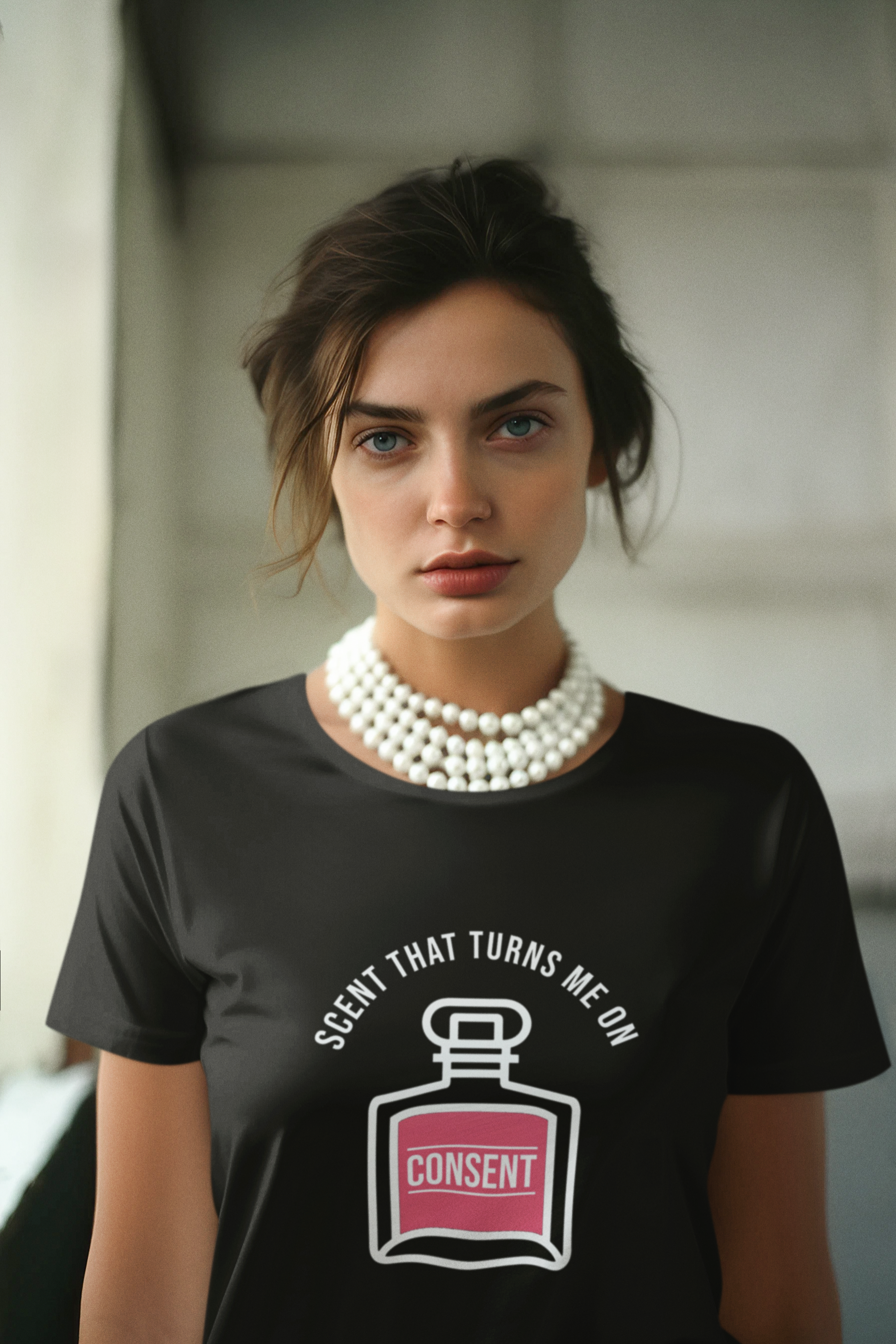 "Black unisex T-shirt featuring white statement text 'Scent That Turns Me On' – edgy fashion for all genders, perfect for nightlife or casual wear."