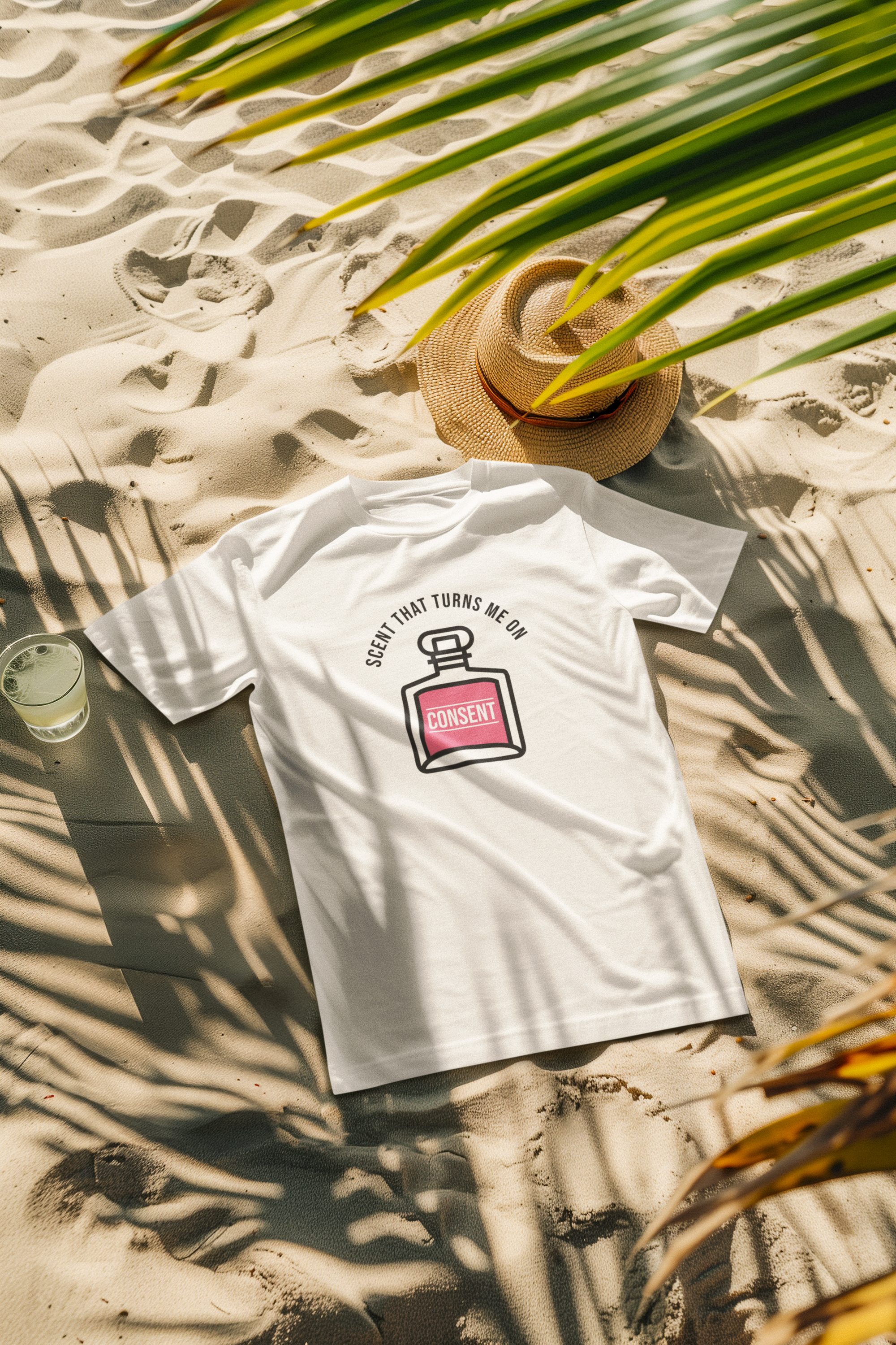  "White beachwear T-shirt with playful typography that says 'Scent That Turns Me On' – perfect for summer, seaside, and sun-soaked adventures."