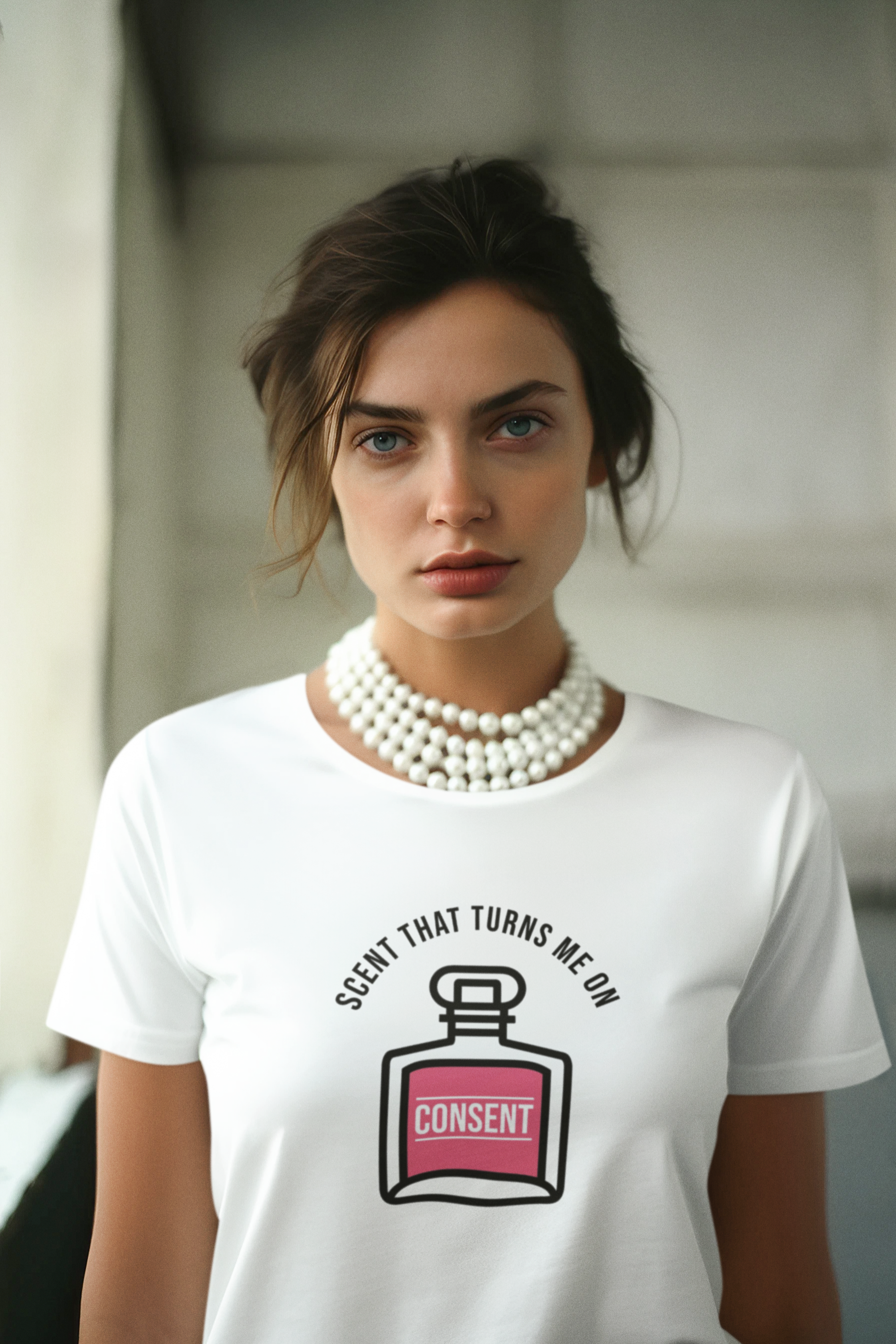 "Unisex white T-shirt with bold black text that reads 'Scent That Turns Me On' – minimalist gender-neutral streetwear for bold expression."